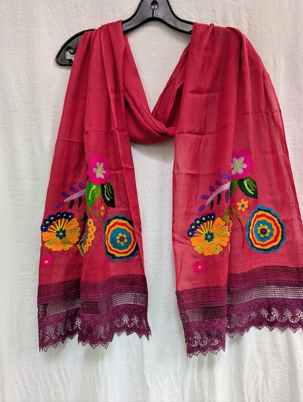 Colorful Embroidered Semi Sheer Scarf Crochet Fringe 19x76 Boho Gypsy - Picture 2 of 10